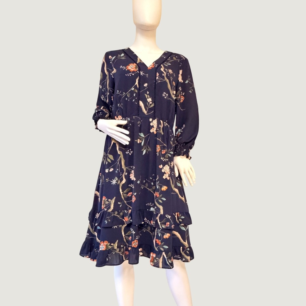 Nanette Lepore Womens Navy Blue Floral V-Neck Tiered Ruffle Midi Dress Size 10